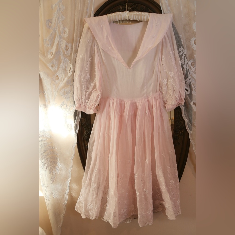 Vintage 50s Sheer Pink Cotton Eyelet Embroidery Sailor Collar Dress